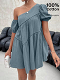 Step out in style with this Chic Asymmetrical Collar Short Sleeve Dress. Its unique collar adds a fun twist to a classic silhouette, while the solid color keeps it effortlessly versatile. Perfect for days when you want to look polished without trying too hard!