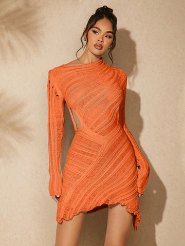Get ready to turn heads with our Chic Asymmetrical Hem Sweater Dress! This fall must-have features a trendy hollow-out design and flattering asymmetrical hem. Stay cozy while looking stylish - perfect for any occasion. (Fashionable, versatile, and oh-so-comfortable!)
