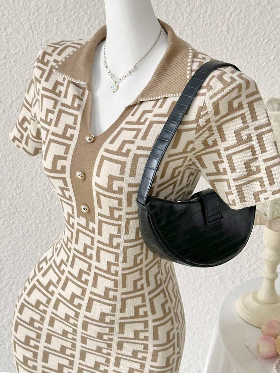 Elevate your wardrobe with this chic asymmetrical jacquard knit sweater dress. Crafted from 100% polyester with high stretch fabric, it offers comfort and flexibility for all-day wear. The elegant camel-colored design features intricate embroidery and a flattering split detail, perfect for both casual home settings and beach occasions. Designed with a collar neckline, short sleeves, and a pencil hem, this regular-fit dress drapes beautifully with its all-over diamond plaid pattern. 