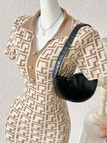 Elevate your wardrobe with this chic asymmetrical jacquard knit sweater dress. Crafted from 100% polyester with high stretch fabric, it offers comfort and flexibility for all-day wear. The elegant camel-colored design features intricate embroidery and a flattering split detail, perfect for both casual home settings and beach occasions. Designed with a collar neckline, short sleeves, and a pencil hem, this regular-fit dress drapes beautifully with its all-over diamond plaid pattern. 
