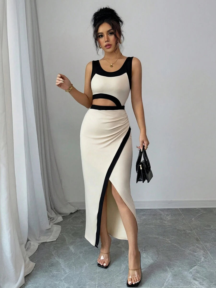 Turn heads in this sleek sleeveless maxi dress that masterfully blends sophistication with edge. The asymmetrical neckline creates an effortlessly chic silhouette, while the fitted bodice hugs your curves in all the right ways. The cropped hem adds a flirty, modern twist that keeps things fresh and unexpected. Perfect for date nights, cocktail parties, or whenever you want to feel absolutely stunning. This is the dress that makes you feel confident, elegant, and undeniably sexy.