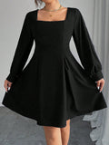 Get chic this autumn with our elegantly designed black dress! The lantern sleeves add a playful touch while the cinched waist highlights your curves. Perfect for plus sizes, this dress combines style with comfort.