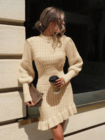 Elevate your wardrobe this season with our Chic Autumn Elegance Sweater Dress. Featuring a solid color design, long sleeves, and a stylish ruffle hem, this dress embodies both sophistication and comfort. Perfect for any occasion, this dress exudes effortless style.