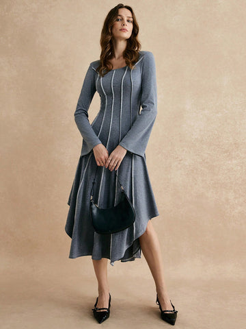 Get ready to turn heads with our Chic Autumn Flair dress! The asymmetrical hemline and flare sleeves will add a touch of style to any fall outfit. Perfect for both casual and dressy occasions. (Your wardrobe will thank you!)