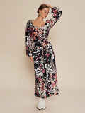 Get ready for fall with this chic long dress featuring lantern sleeves and a casual plant print. Perfect for any occasion, it's a stylish addition to your wardrobe. Be the envy of your friends with this must-have dress. (Just don't tell them how comfortable it is, shh!)