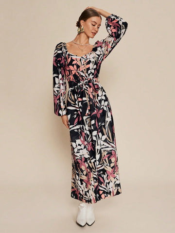Get ready for fall with this chic long dress featuring lantern sleeves and a casual plant print. Perfect for any occasion, it's a stylish addition to your wardrobe. Be the envy of your friends with this must-have dress. (Just don't tell them how comfortable it is, shh!)