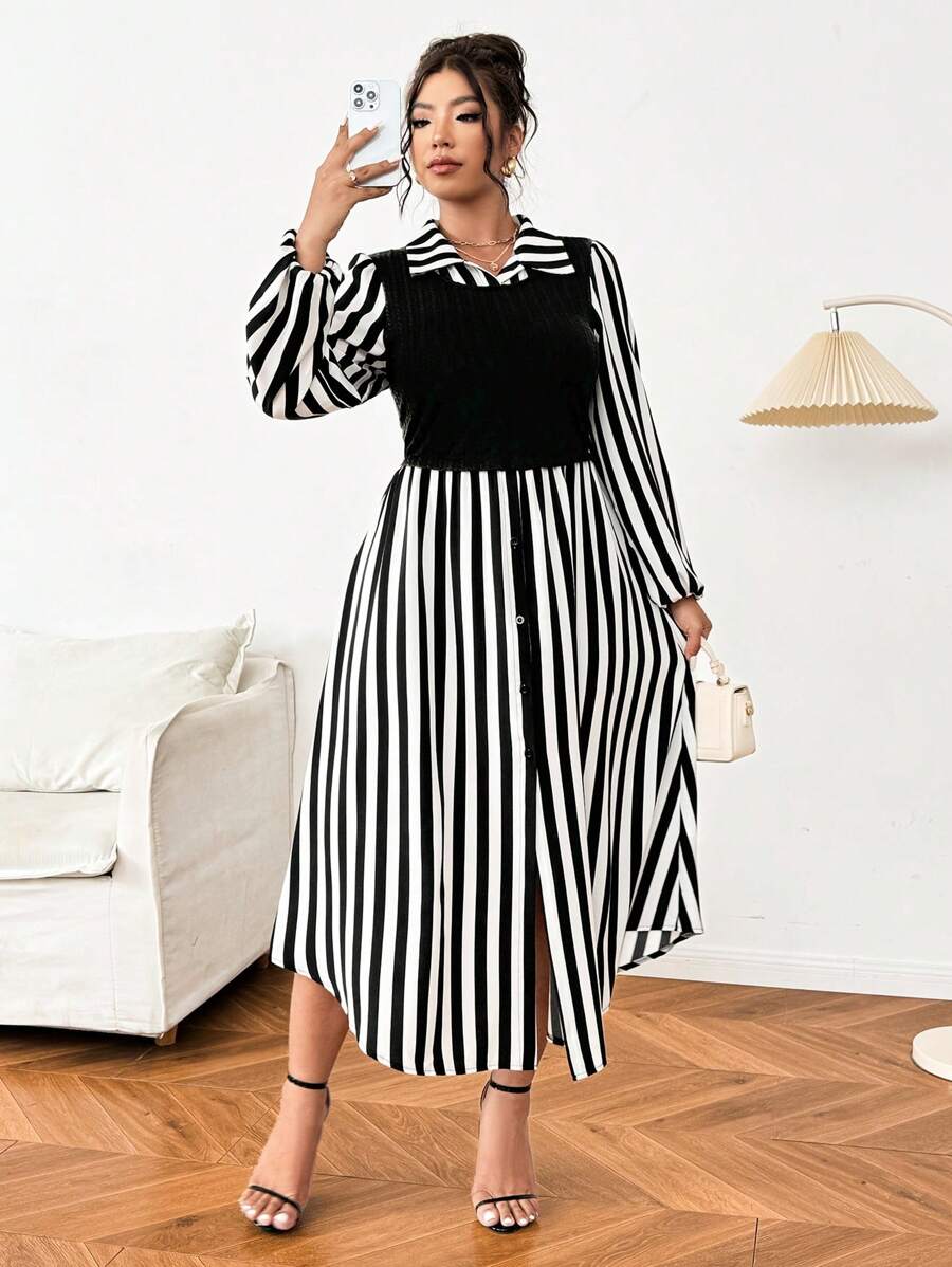 Chic Autumn Plus Size Striped Patchwork Mock Two-Piece Maxi Dress for – Canary Houze