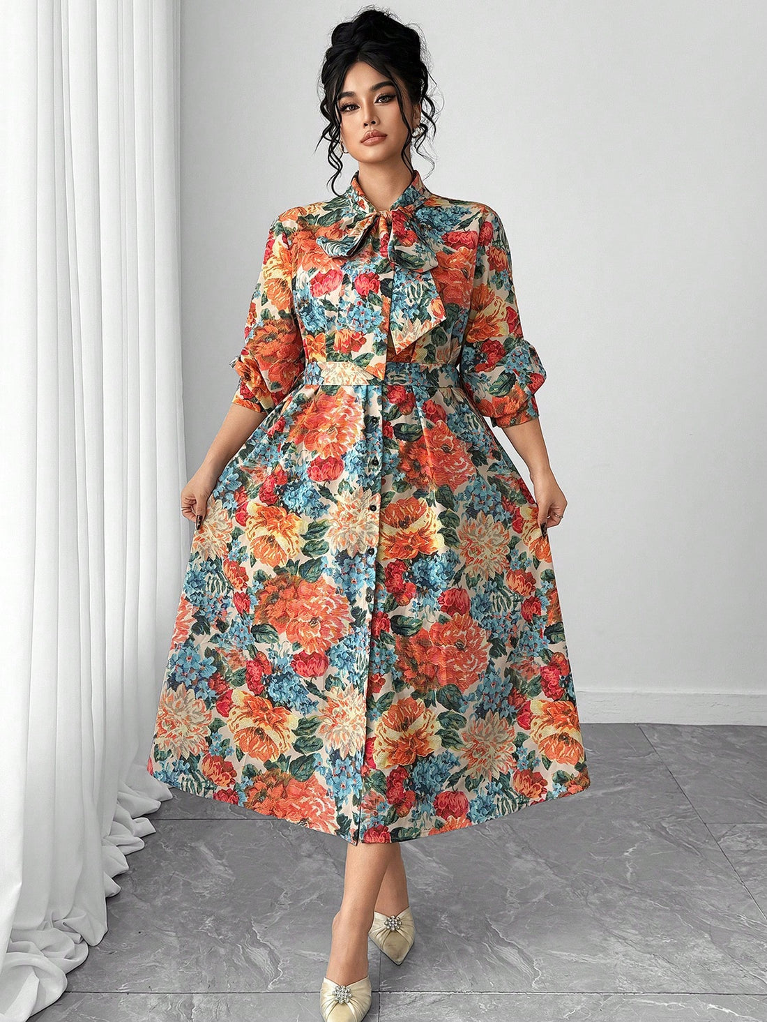 Embrace the season in style with this charming plus-size woven dress that effortlessly blends comfort with flair. Featuring a vibrant printed design, it's the perfect piece for those days when you want to look put-together without trying too hard. The breathable woven fabric moves beautifully with you, while the relaxed silhouette celebrates your curves with confidence. Whether you're heading to brunch, running errands, or meeting friends, this dress delivers that coveted "I woke up like this" vibe. Layer i