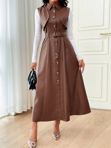 -Expertly crafted with elegant design and front buttons, this sleeveless dress is the perfect addition to your fall wardrobe. -Dress up or down effortlessly with 100% breathable fabric that provides all-day comfort and style.