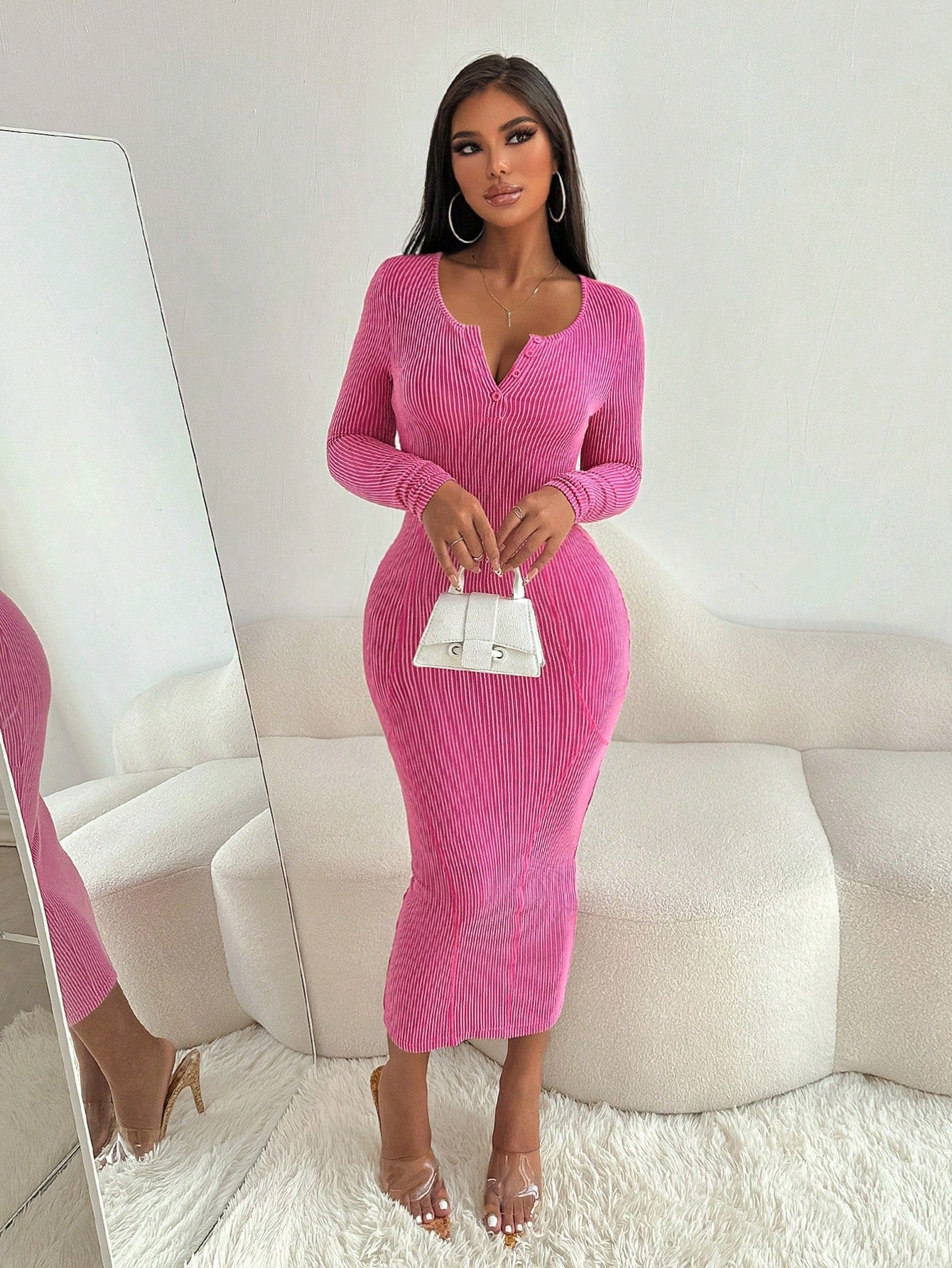 Chic Autumn V-Neck Ribbed Knit Long Sleeve Bodycon Maxi Dress for Wome   Canary Houze