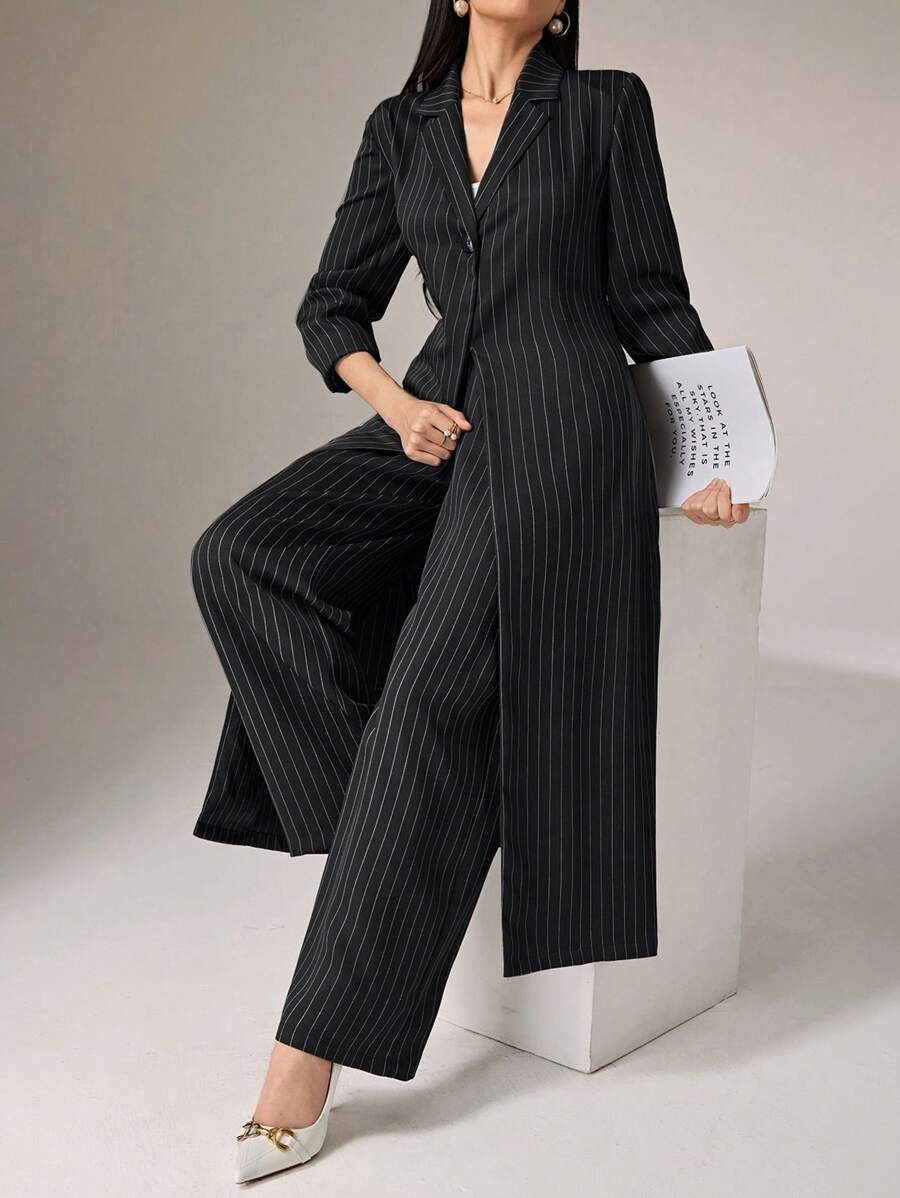 Elevate your fall wardrobe with this effortlessly chic striped two-piece set! The oversized long jacket pairs perfectly with tailored pants, creating a look that's equal parts cozy and put-together. Soft, breathable fabric keeps you comfortable through crisp autumn days, while the classic stripe pattern works with everything in your closet. Whether you're heading to brunch or the office, this versatile set proves that looking fabulous doesn't require any extra effort.