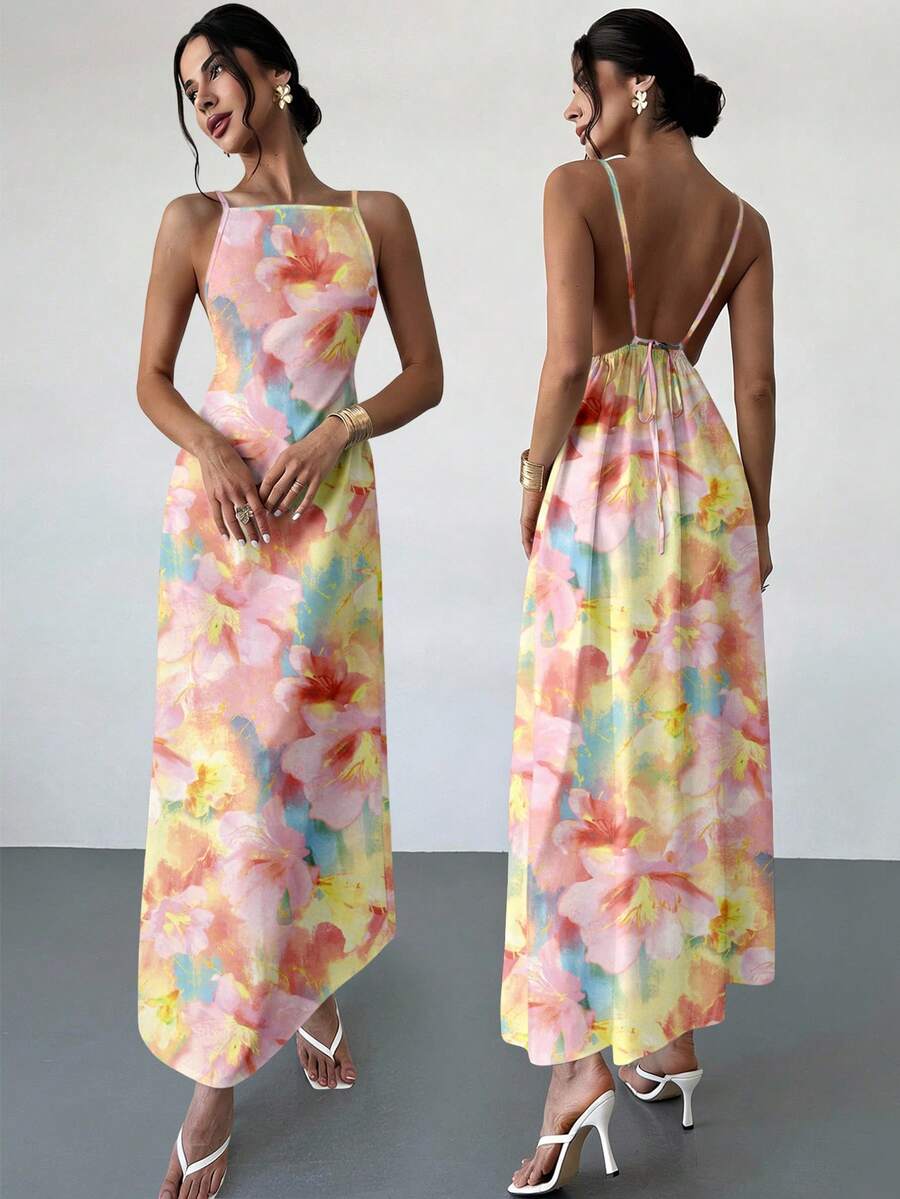 Embrace effortless summer style with this chic backless floral sundress. Featuring a bold open back design and vibrant floral print, it's the perfect piece for casual spring and summer getaways. The lightweight, breathable fabric keeps you cool and comfortable, while the flattering silhouette works for beach days, garden parties, or leisurely vacation strolls. Pair it with sandals and sunglasses for an instantly polished look that transitions seamlessly from day to night.