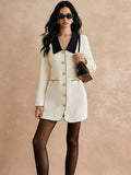 Dress to impress in this Chic Beige Color-Blocked Dress. With pearl buttons and contrasting straps, this elegant piece is perfect for any autumn party. Stand out from the crowd and add a touch of sophistication to your wardrobe. Who says classy can't be playful?