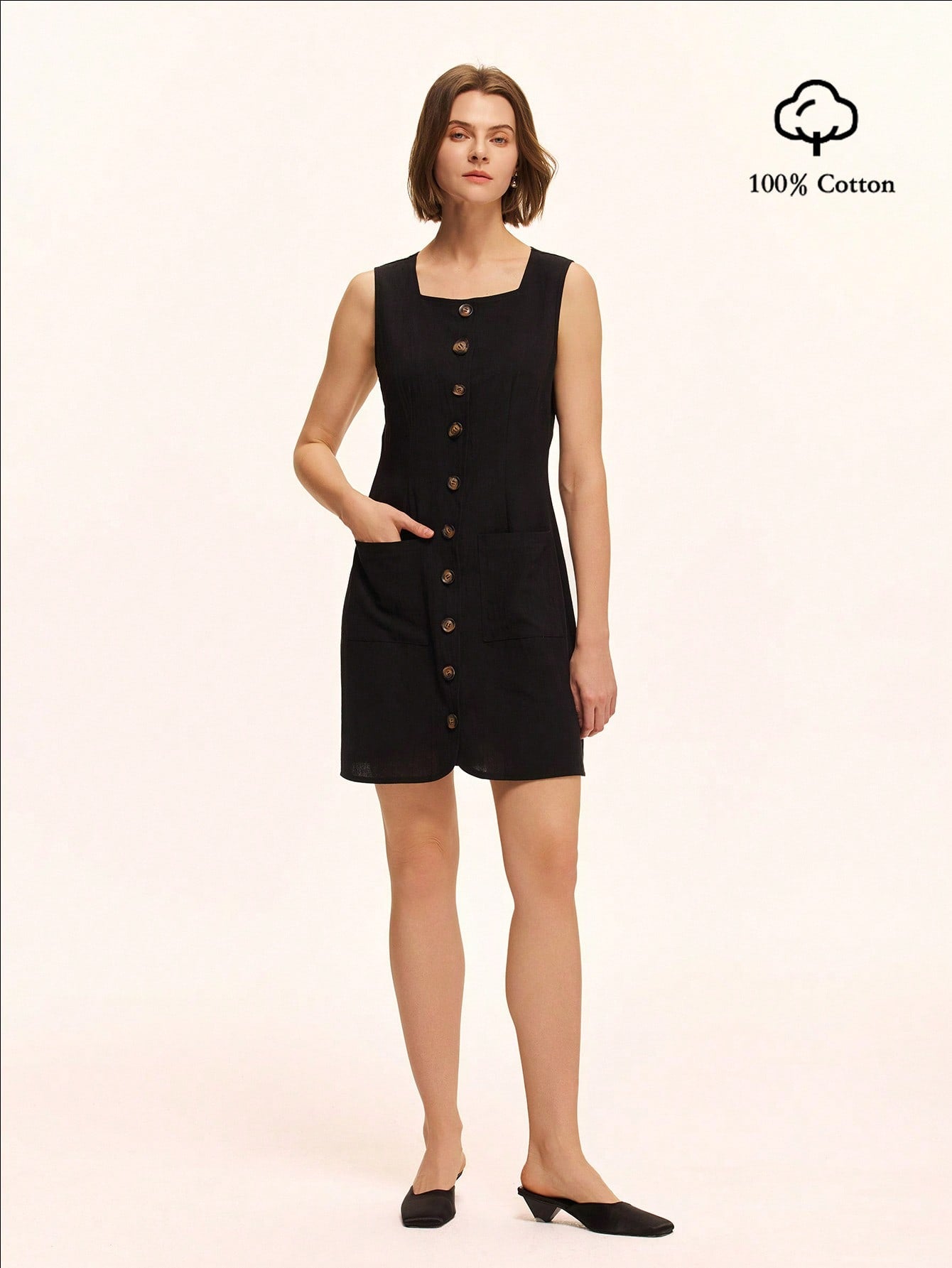 Chic Black Cotton Button-Down Tank Dress