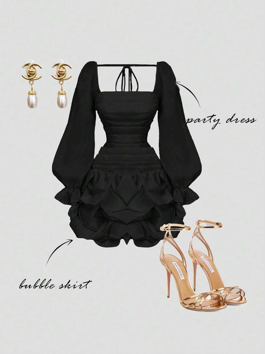 This sophisticated black mini dress combines contemporary design with timeless elegance. The fitted silhouette is enhanced by strategic ruching that creates flattering dimension, while the distinctive bubble hem adds a playful yet polished finish. Crafted for those who appreciate refined style, this dress transitions seamlessly from romantic occasions to celebratory events. The sleek black palette pairs effortlessly with any accessory, making it a versatile addition to your wardrobe. Whether you're marking 