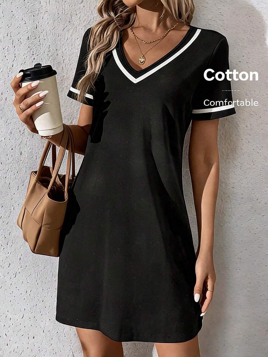 contrast trim V neck short sleeve T shirt mini dress image 1