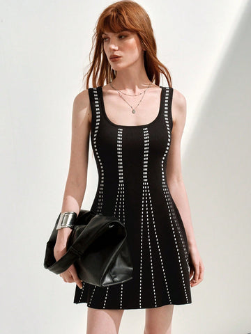 Step into the spotlight with this playful black knitted mini dress, dotted with charming white accents. Its lightweight knit keeps you cool and comfy, making it an ideal pick for spring and summer parties. Flirty and fun, this dress adds a touch of whimsy to your warm-weather wardrobe.