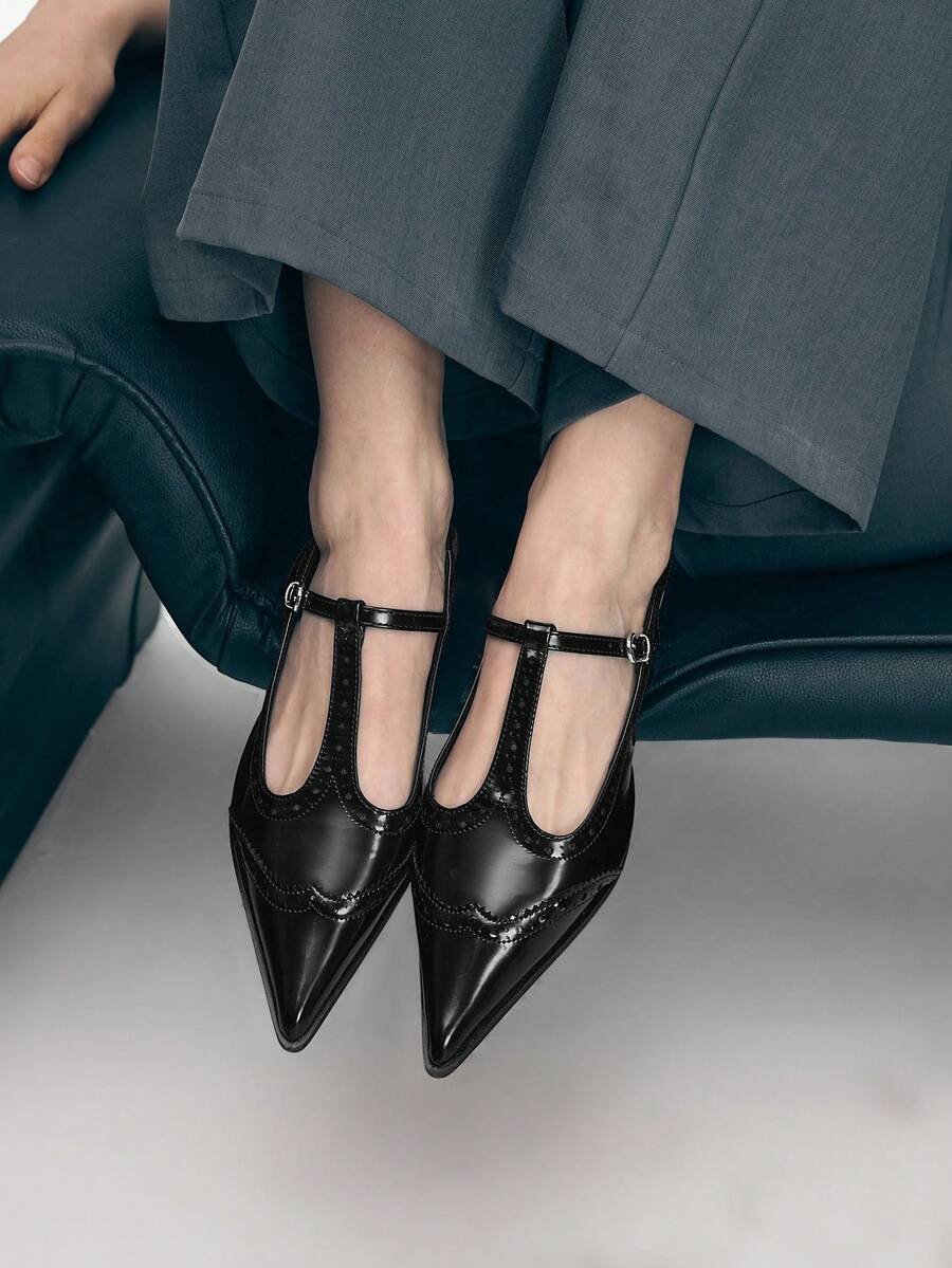 Front view of Chic Black Patent Leather T-Strap Stiletto Sandals - Retro Hollow Design for Women for punk motorcycle boot styling