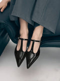 Side view of Chic Black Patent Leather T-Strap Stiletto Sandals - Retro Hollow Design for Women for punk motorcycle boot styling