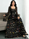 Make a statement in this elegant black polka dot maxi dress, crafted for those who appreciate timeless sophistication. The square neckline and voluminous lantern sleeves create an eye-catching silhouette, while the high-waisted A-line design ensures a flattering fit for all body types. Thoughtfully detailed with contrast mesh panels, delicate ruffles, and a secure zipper, this dress balances style with practicality. 