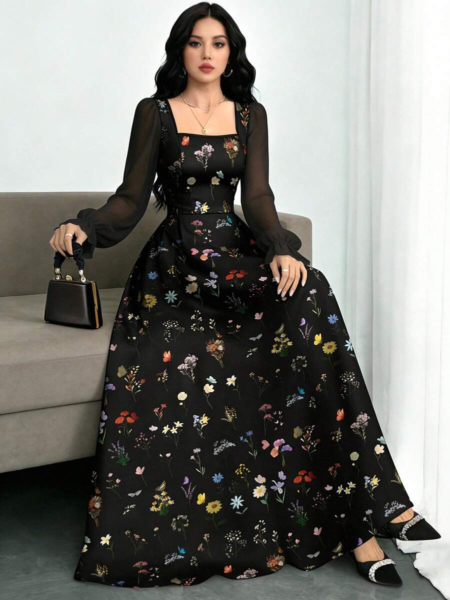 Make a statement in this elegant black polka dot maxi dress, crafted for those who appreciate timeless sophistication. The square neckline and voluminous lantern sleeves create an eye-catching silhouette, while the high-waisted A-line design ensures a flattering fit for all body types. Thoughtfully detailed with contrast mesh panels, delicate ruffles, and a secure zipper, this dress balances style with practicality. 