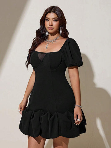 Black puff-sleeve corset mini dress with square neckline and mesh inset