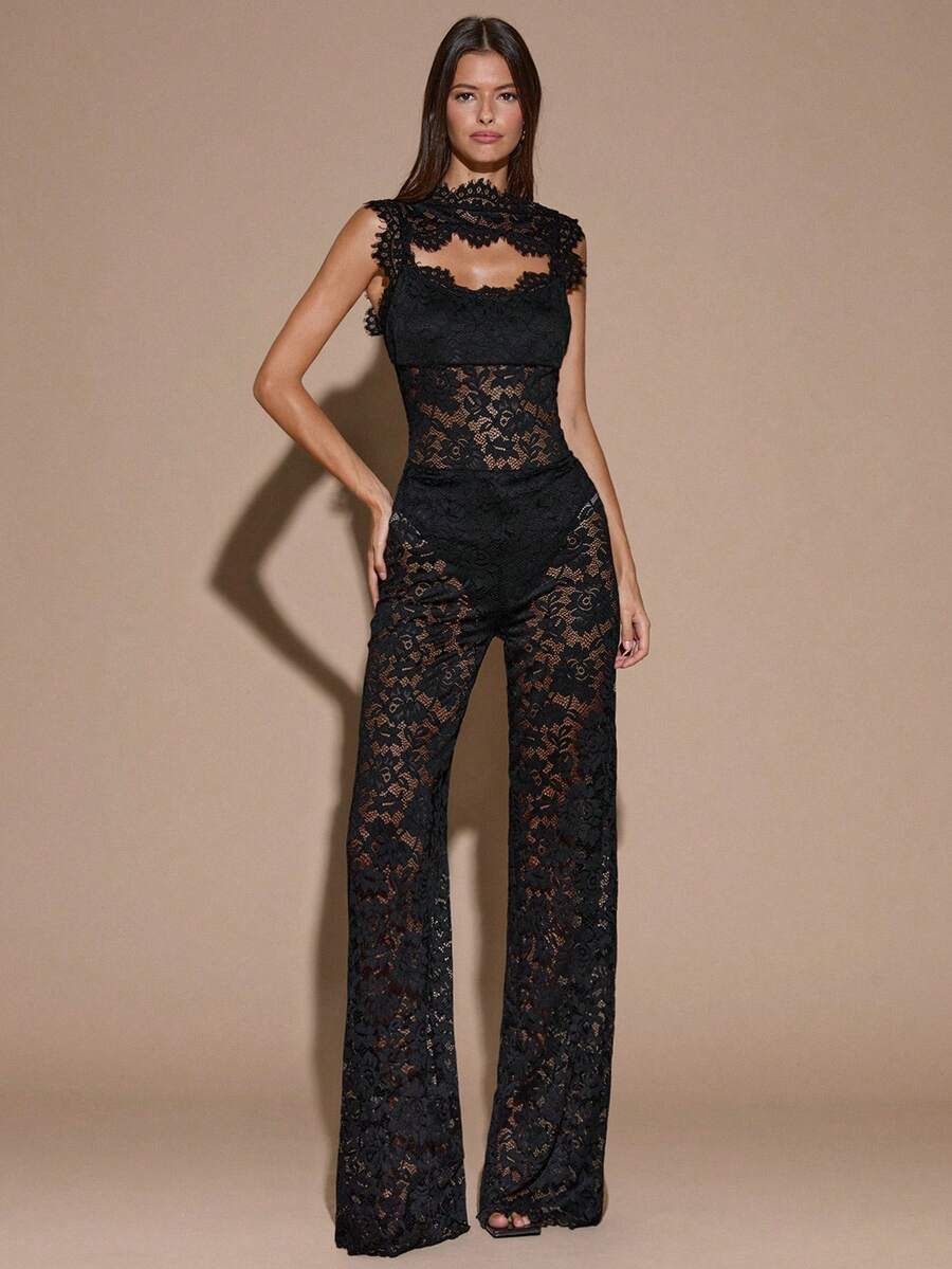 Elevate your evening look with this stunning black sheer lace backless jumpsuit. Crafted from delicate lace with a daring open back design, it's the perfect statement piece for autumn and winter celebrations. The sophisticated silhouette flatters your figure while the sheer detailing adds an alluring touch of elegance. Ideal for parties, date nights, and special occasions where you want to make an unforgettable impression.