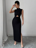 Turn heads effortlessly in this chic black sleeveless dress featuring a high-neck and daring cutout details. Crafted from textured fabric, it blends sophistication with a flirty edge, perfect for nights out or special occasions. Embrace elegance with a playful twist that’s sure to make you the center of attention.
