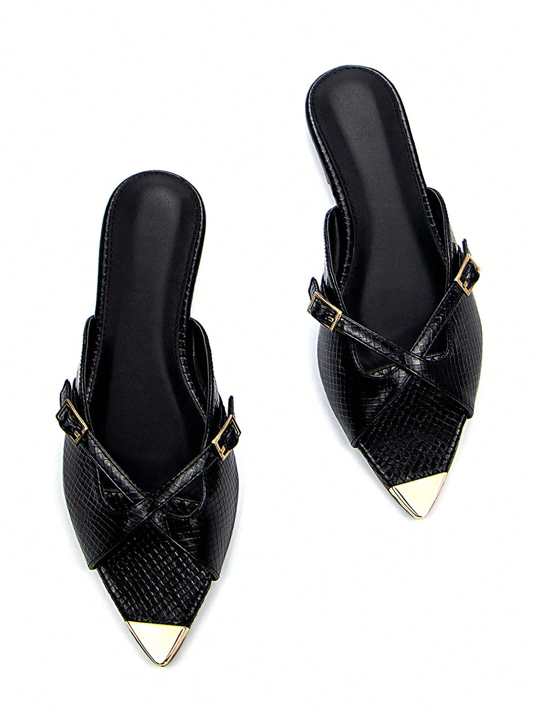 Step into sophistication with these stunning black snake skin mule sandals that effortlessly transition from casual days to glamorous nights. The luxe textured finish catches the light beautifully, while the gleaming gold buckle detail adds that perfect touch of polish. Designed as a flat, they're all about comfort without compromising on style—slip them on and feel instantly put-together. Whether you're running errands or heading to a soirée, these versatile mules are your new go-to pair for looking fabulo
