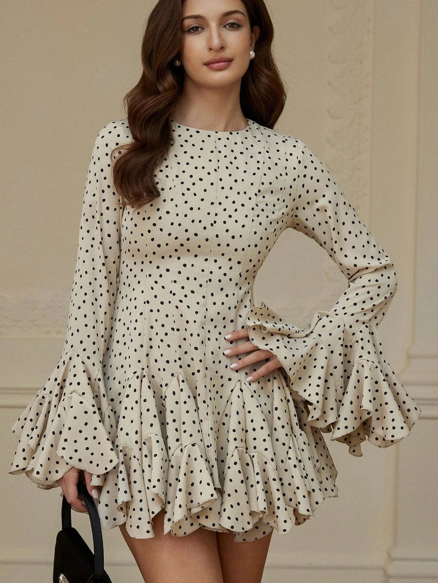 Chic Black and Beige Polka Dot Ruffle Mini Dress for Autumn - Perfect for Tea Parties, Brunches, and Date Nights 