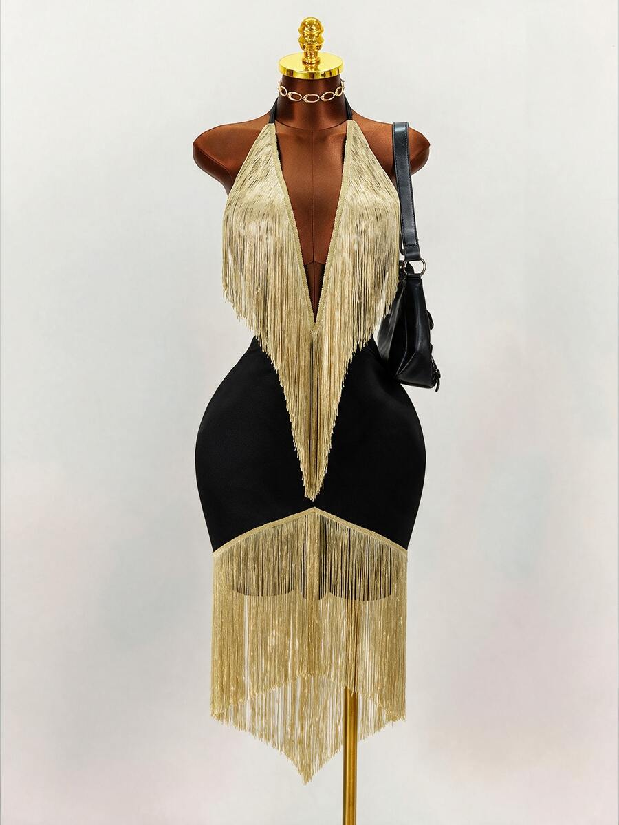 Front mannequin view of black halter cocktail dress with gold fringe bodice and asymmetric fringe hem