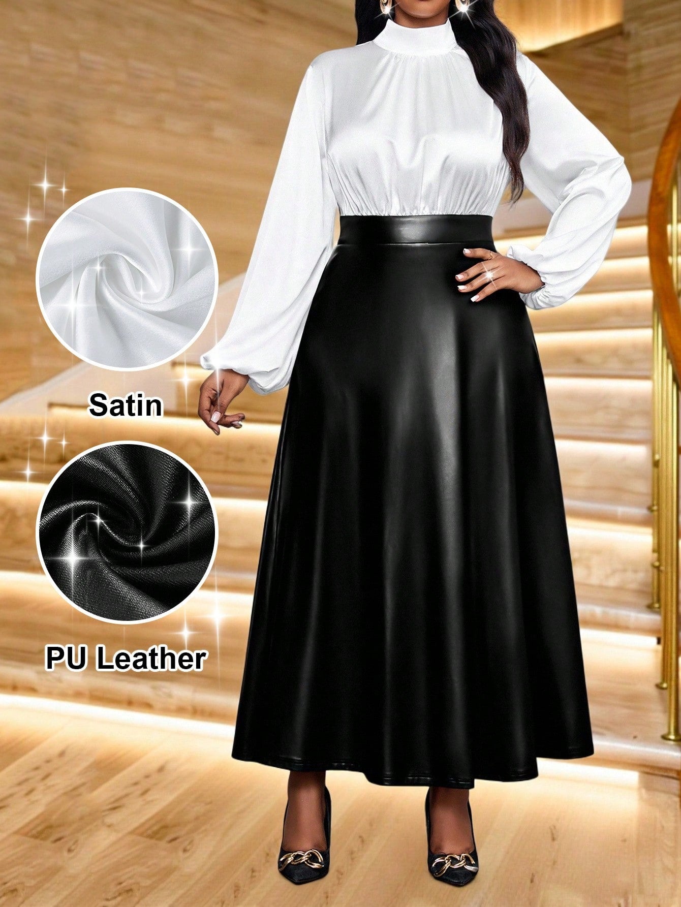 Step into the office with confidence and style in this playful black and white PU leather A-line dress. Its sleek design balances chic sophistication and modern edge, making it perfect for winter workdays. The A-line cut flatters every figure while the leather finish adds a trendy touch that keeps you cozy and effortlessly elegant.