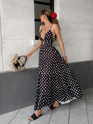 Black and white polka dot backless spaghetti strap tiered maxi dress, front view