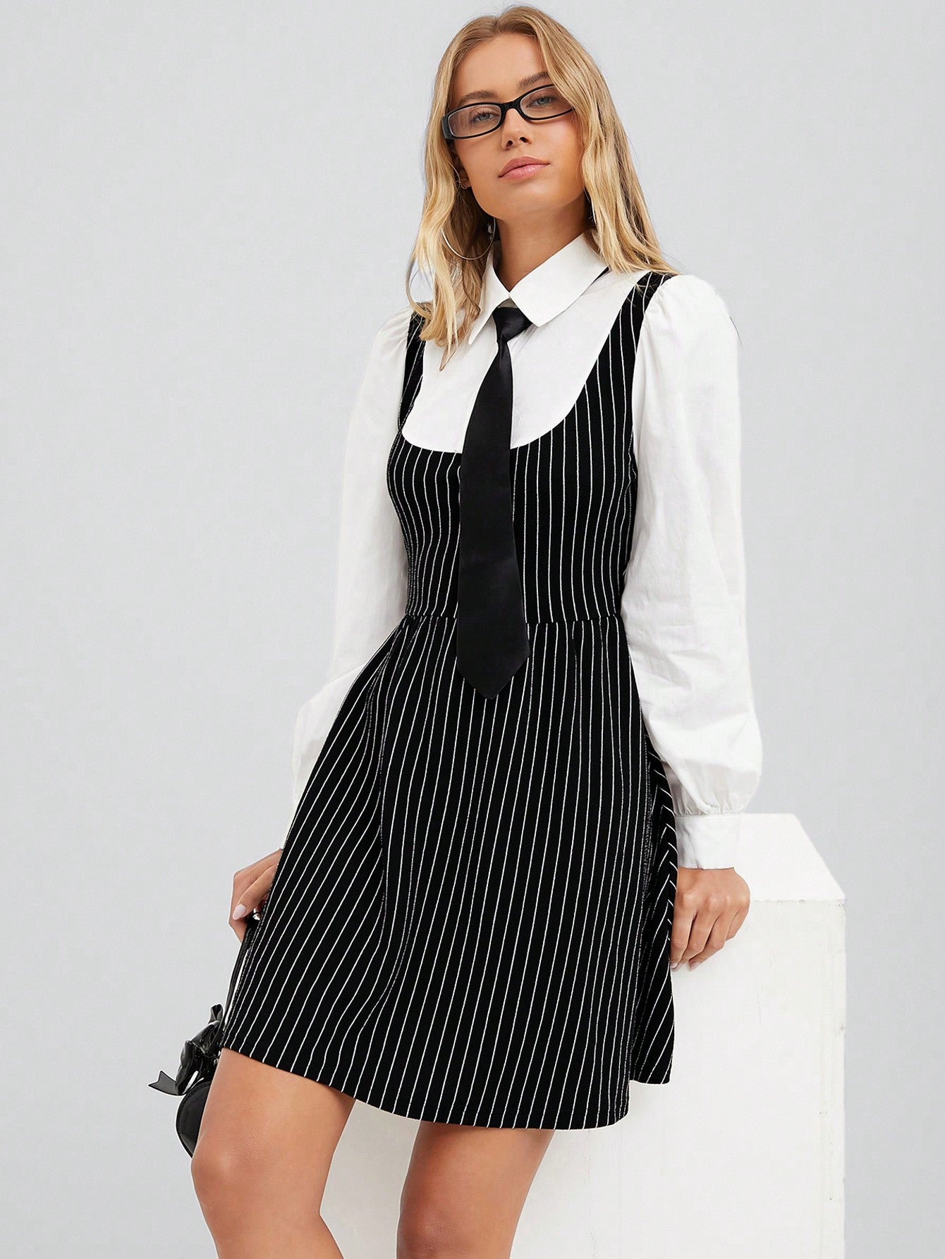 Chic Black and White Striped A-Line Dress with Puff Lantern Sleeves an – Canary Houze