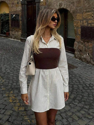 White pinstripe collared mini shirt dress with brown corset style panel street front view