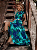 Step into vacation mode with this playful blue-green printed maxi dress. Its waist-cinched design flatters your silhouette while offering breezy comfort for sunny days and seaside strolls. Perfect for casual outings or relaxed getaways, this dress brings effortless style and a splash of color to your wardrobe.