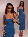Medium blue denim square neck bodycon midi dress front full view