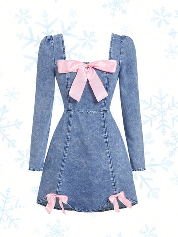 Upgrade your wardrobe with this chic blue denim mini dress! Perfect for any occasion, this dress features long sleeves and a sweet bowknot detail for a touch of feminine charm. Made with high-quality denim, it offers both style and comfort. Add some fun to your look and stand out from the crowd with this playful dress.
