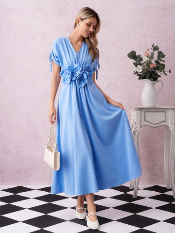 Slip into vacation mode with this Chic Blue V-Neck Maxi Dress! Featuring a flattering waist tie and a charming floral bowknot, it brings a playful touch to your getaway wardrobe. Its flowing silhouette keeps you cool and comfortable, perfect for beach strolls or sunset dinners. Embrace effortless style and let your vacation vibes shine!