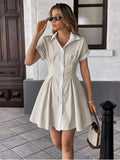 Step into vacation mode with this playful blue and white striped shirt dress. Its mid-length cut and cinched waist create a flattering silhouette perfect for sunny days and beach strolls. Lightweight and breezy, this dress blends comfort with effortless style—your go-to for an easy yet chic getaway look.