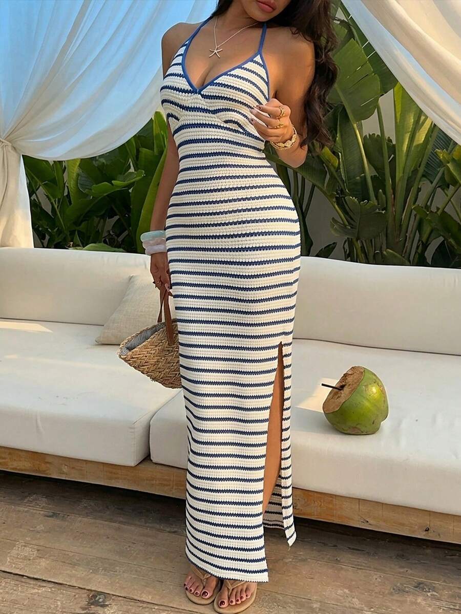 Elevate your summer wardrobe with this stunning blue and white striped halter dress. The classic V-neckline flatters every figure, while the lightweight fabric keeps you cool and comfortable through warm days and balmy evenings. Perfect for beach getaways, poolside gatherings, and outdoor celebrations, this versatile piece transitions effortlessly from day to night. The timeless stripe pattern adds nautical charm without sacrificing sophistication. 