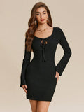 Unleash your inner fashionista with our Chic Bodycon Dress for Women! The tie front and keyhole neck design add a touch of playful sophistication to this body-hugging dress. Perfect for a night out or special occasion, this dress will make you stand out with its unique style!