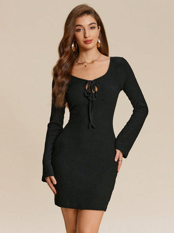 Unleash your inner fashionista with our Chic Bodycon Dress for Women! The tie front and keyhole neck design add a touch of playful sophistication to this body-hugging dress. Perfect for a night out or special occasion, this dress will make you stand out with its unique style!