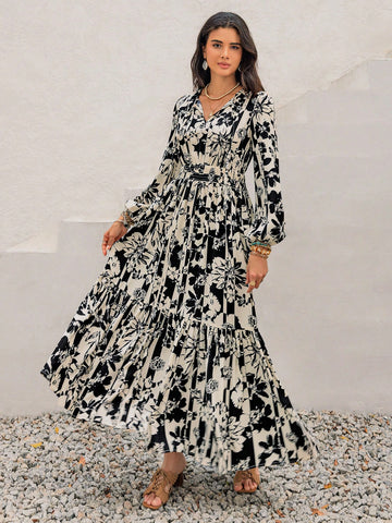 Effortlessly elevate your holiday style with our Chic Bohemian Floral Lantern Sleeve Dress. The delicate floral pattern paired with lantern sleeves adds a touch of bohemian charm. Perfect for any occasion, this dress will have you looking chic and stylish without any effort.