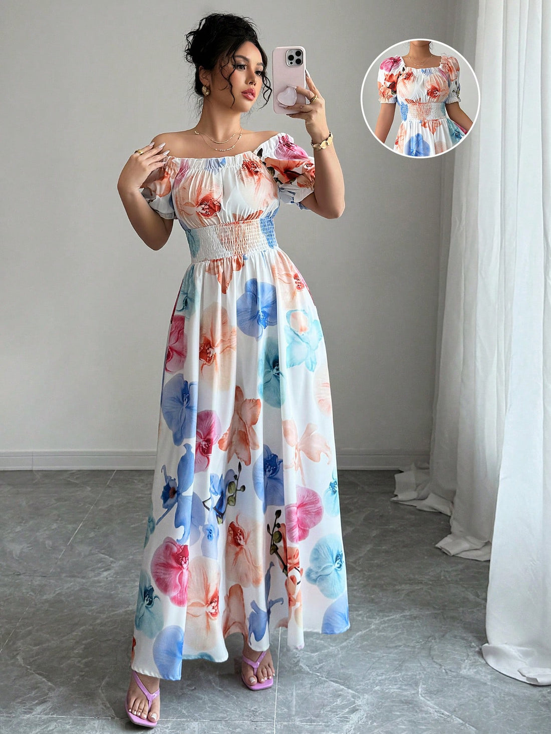 Get ready to be the center of attention in this flowy floral dress! With its chic bohemian print, lantern sleeves, and playful ruffle hem (perfect for twirling!), this dress is a must-have for any free-spirited fashionista. Embrace your inner flower child and stand out from the crowd in this unique and stylish piece.