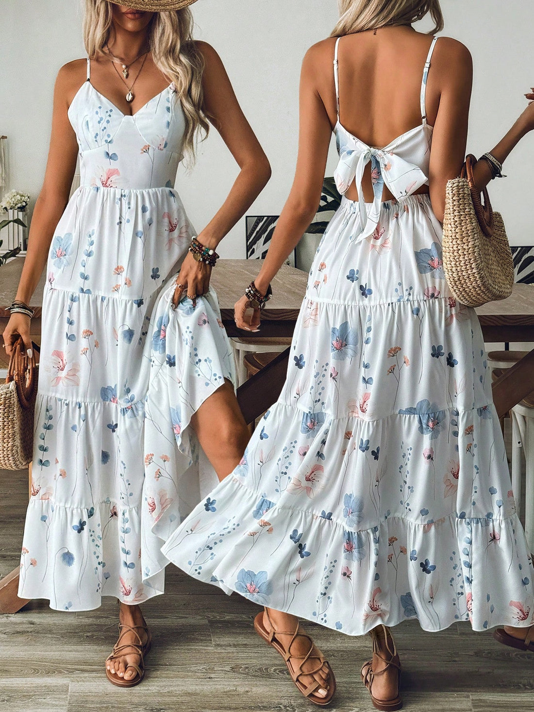 This dress screams "vacay vibes" with its elegant spaghetti straps and chic bohemian design. Perfect for any vacation, this essential maxi dress will have you feeling stylish and comfortable all day long. Say goodbye to boring vacation outfits and hello to effortless style!