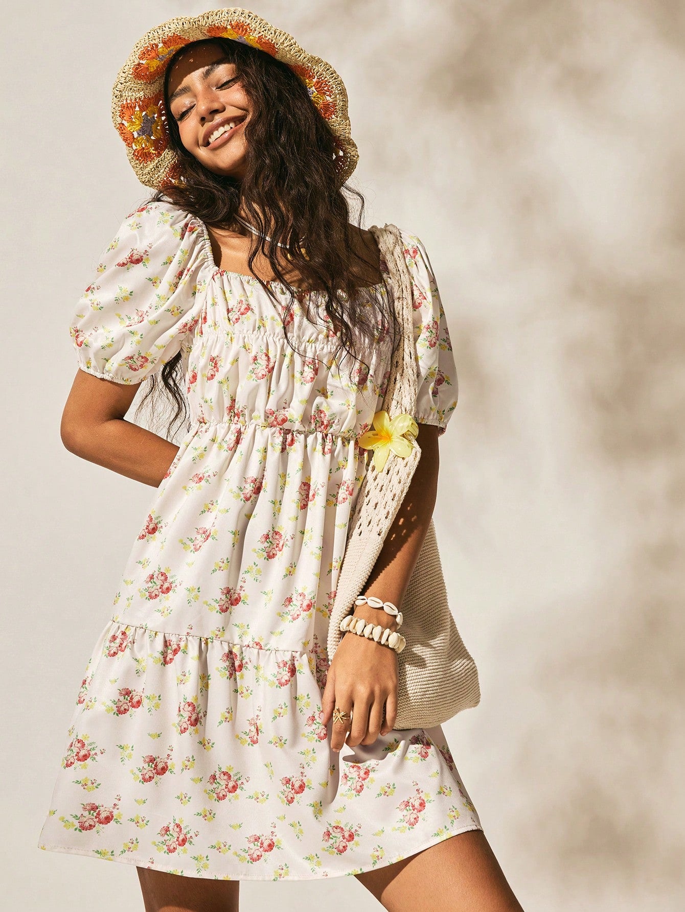 Chic Bohemian Mini Dress for Summer: Floral Print, Open Back & Puff Sl – Canary Houze