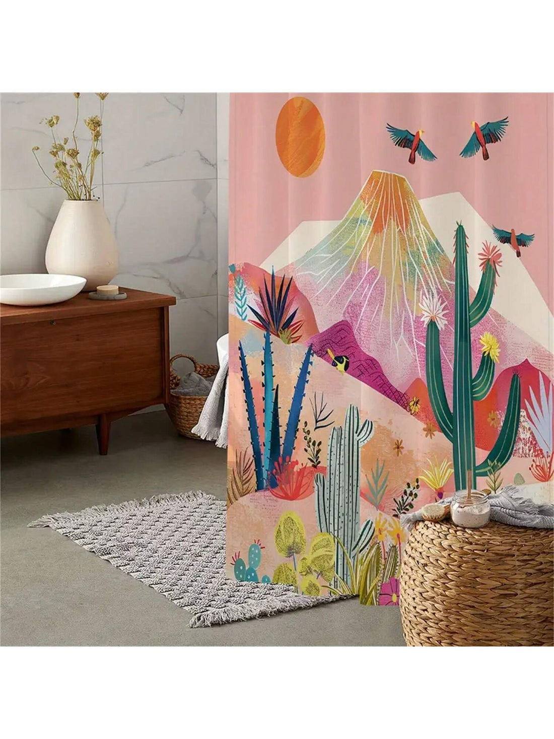 Bring a splash of tropical charm to your bathroom with this chic bohemian sage green shower curtain. Featuring a lively tropical leaf design on waterproof fabric, it keeps your space fresh and dry while adding a playful, nature-inspired vibe. Perfect for turning your daily routine into a mini getaway!