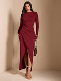 Get ready to turn heads at your next cocktail party or winter date with this chic Brown Asymmetric Ruched Long Sleeve Dress. The unique ruched design and asymmetrical cut make it perfect for standing out from the crowd. Stay stylish and warm with this must-have winter dress!