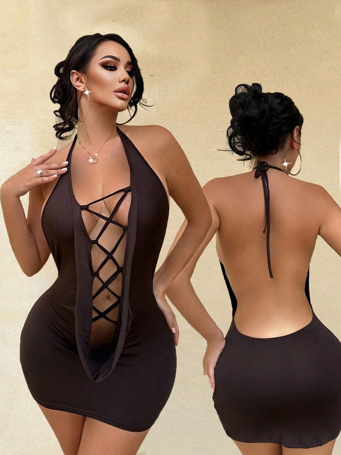 Turn heads this season in our stunning brown bodycon mini dress—the ultimate statement piece for fall and winter nights out. The halter neckline frames your shoulders beautifully while the criss-cross backless design adds an unexpected touch of allure and sophistication. Perfectly fitted to flatter your curves, this dress transitions seamlessly from dinner dates to dance floors. Pair it with heels and a clutch for an effortlessly chic, show-stopping look that proves elegance never goes out of style.